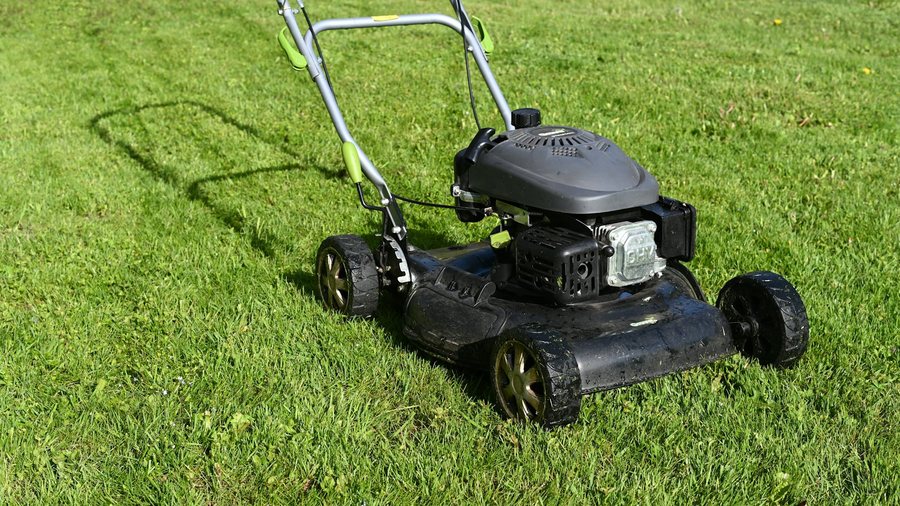 Mower on a freshly cut lawn